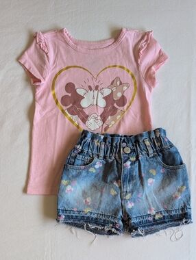 Disney x Baby Gap Minnie Mouse Top & Denim Shorts Outfit Set Size 4T Summer Lot